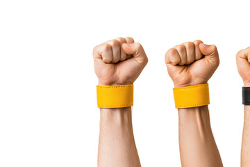 Fists raised with wristbands, symbolizing strength and determination on a white isolated background.