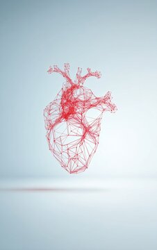 Minimal Wireframe Heart Icon with Thin Red Lines on Light Background, Futuristic Tech-Inspired Abstract UI Design
