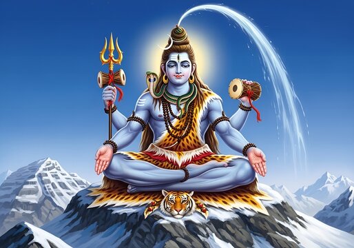 Majestic Digital Illustration of Lord Shiva Meditating on Mountain Peak
