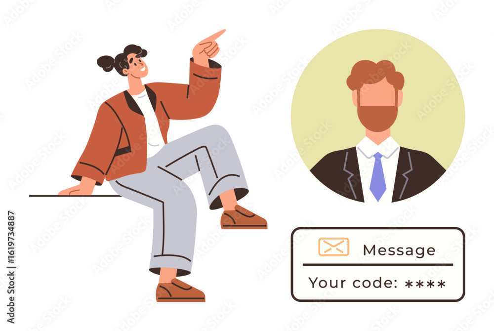 Poster woman in casual outfit gesturing upwards to profile avatar and verification message box with a secur