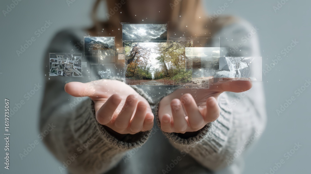 Poster a person holds floating images representing digital technology and innovation.