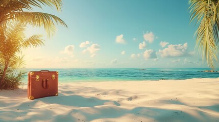 Obraz premium Ready for paradise A vintage suitcase awaits adventure on a sun kissed beach promising blissful escape under palm trees