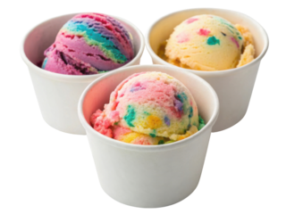 Colorful ice cream scoops in white cups create delightful rainbow of flavors that bring joy and sweetness to any occasion