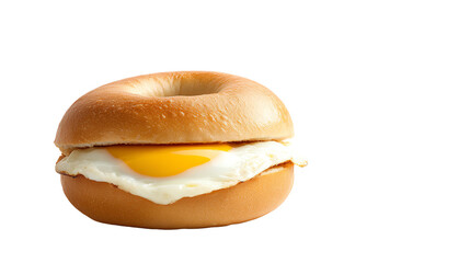 Fresh bagel with a perfectly cooked egg, isolated on a white background, ideal for breakfast menus or culinary themes.