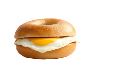 Fresh bagel with a perfectly cooked egg, isolated on a white background, ideal for breakfast menus or culinary themes.
