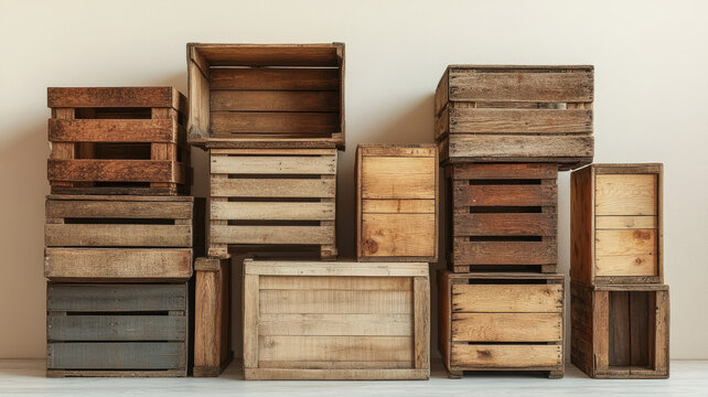 Rustic wooden crates stacked for storage or display purposes.