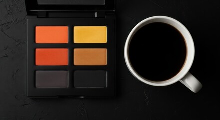 Palette with shades and coffee cup on a dark surface