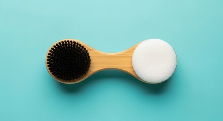 Brush and puff on blue background for beauty application