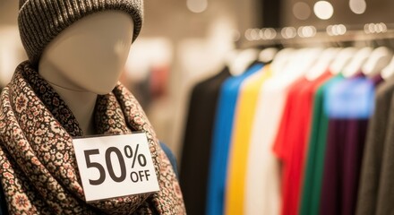 Mannequin displays fifty percent off sale on clothing items