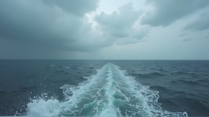 Wake of a boat on the ocean under a cloudy sky