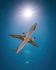 flying airplane on blue background