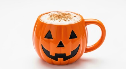 Pumpkin mug filled with beverage on a white surface
