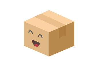 Carton pack parcel box 3d isometric happy smile character icon vector graphic illustration, modern cardboard paper package success delivered as mail postal cargo freight image clip art
