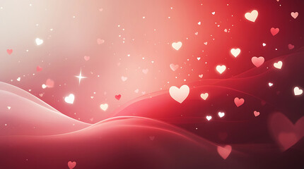 Dreamy ethereal background with glowing hearts and magical glitter bokeh.