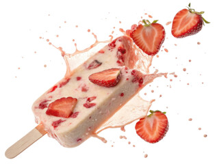 Delight in refreshing taste of strawberry ice cream as it splashes joyfully with fresh strawberries