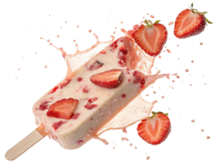 Delight in refreshing taste of strawberry ice cream as it splashes joyfully with fresh strawberries