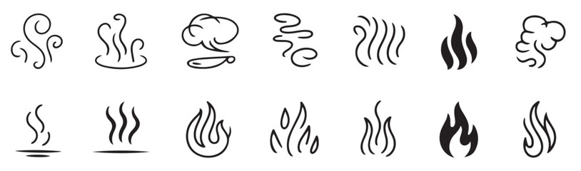 Obraz premium Various black and white line drawings of steam smoke and flames in different styles and shapes shown
