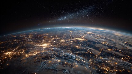 Obraz premium Aerial View of Earth Illuminated by City Lights Against a Dark Starry Background. High quality