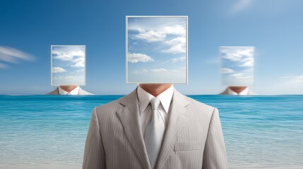 A surreal image of a businessman with a clear sky for a head by the ocean.