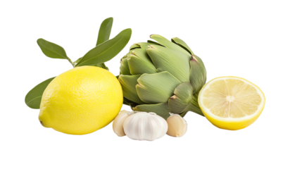 Fresh lemon, artichoke, and garlic arranged beautifully on a white isolated background.