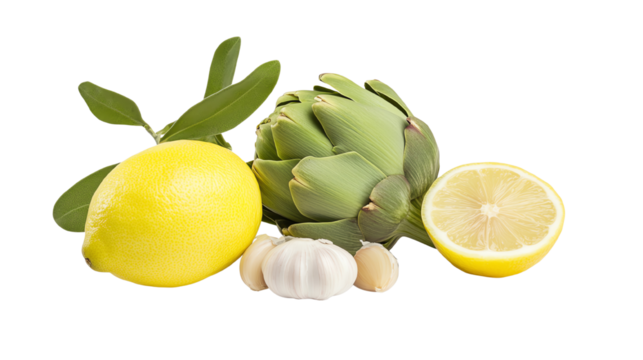 Fresh lemon, artichoke, and garlic arranged beautifully on a white isolated background.