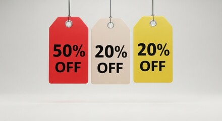 Hanging sale tags showing different discount percentages