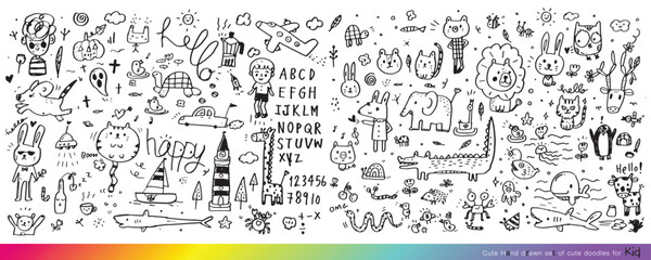 Collection of hand drawn cute doodles,Doodle children drawing,Sketch set of drawings in child style,Funny Doodle Hand Drawn,Page for coloring, cute animal hand drawn, cute Doodle