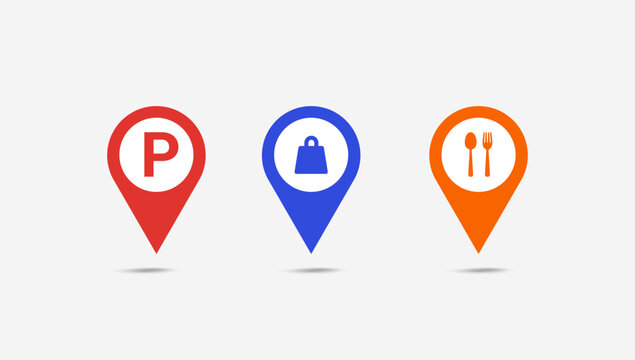 A set of three colorful location pin icons for GPS navigation, showing parking, shopping, and dining points of interest.