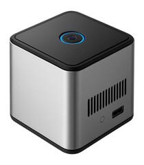 Fototapeta premium Cube-shaped mini-PC with a brushed metal finish and top-access power button