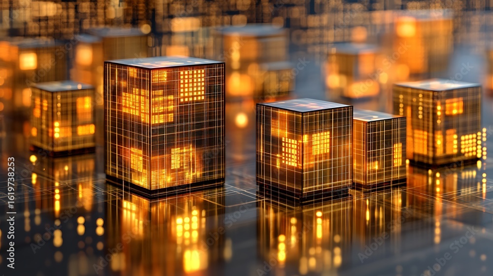 Poster illuminated cubic structures on a reflective surface.