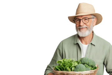 Happy senior man with glasses and straw hat holding a basket of fresh vegetables, smiling against a white background.