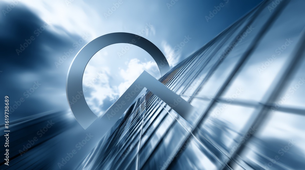 Poster abstract view of a modern building reflecting cloudy skies and a circular design element.