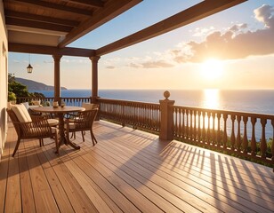 Sunset view from a spacious wooden deck overlooking the ocean