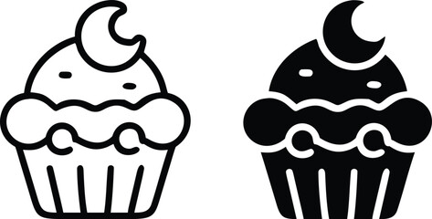 Cupcake with Moon Icon Set – Vector Dessert Bakery Symbol in Black and White