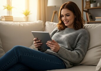 Smiling woman in spend weekend at home sit on sofa texting messaging on digital pad pc browsing style blogs edit photos in app enjoy web shopping. Generative AI