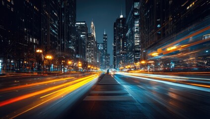 Night cityscape with light trails on a city street