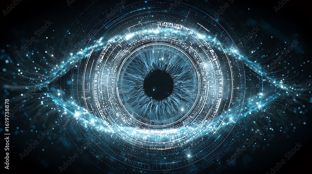 Aufkleber a digitally rendered eye with intricate blue and white circular patterns surrounding it