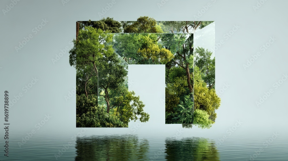 Poster an artistic representation of nature within a geometric shape reflecting tranquility.