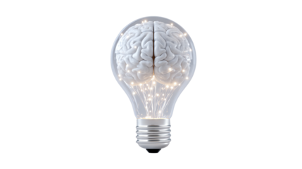 Light bulb with brain concept, symbolizing intelligence and innovation, white isolated background.