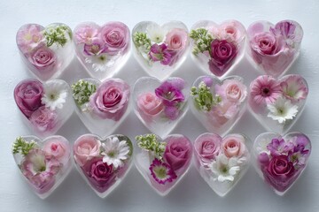 Twelve heart-shaped resin ornaments, each containing a unique arrangement of preserved pink flowers