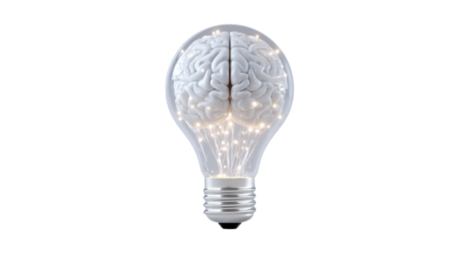 Light bulb with brain concept, symbolizing intelligence and innovation, white isolated background.