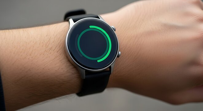 Smartwatch on wrist displaying green loading circle, close-up of modern wearable technology - Powered by Adobe