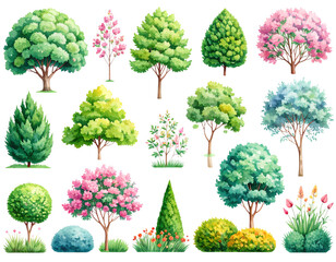A vector illustration set of four seasons trees icons, perfect for nature and forest designs with changing leaves and blooming flowers