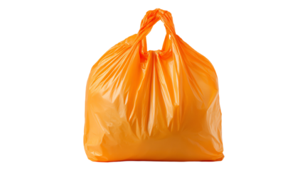 Orange garbage bag isolated on white background, symbolizing waste management and environmental concerns.