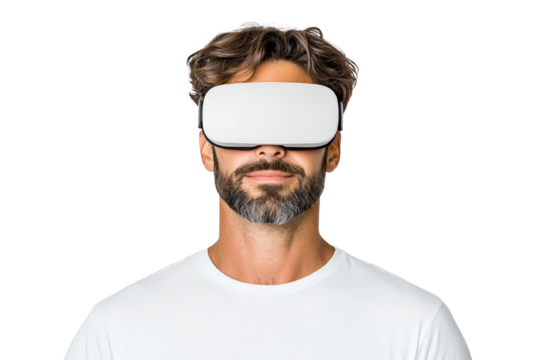 Man wearing virtual reality headset, engaged in immersive experience, modern technology concept.
