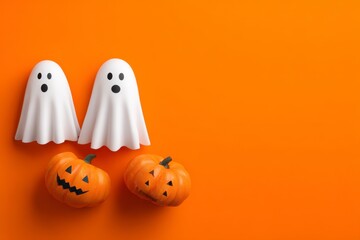 Halloween Ghosts and Pumpkins on Orange Background