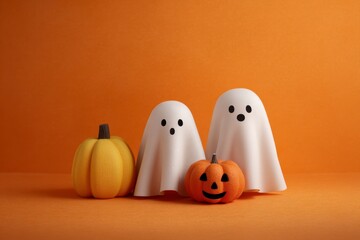 Ghosts and Pumpkins on Orange Background