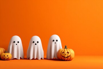 Halloween Ghosts and Pumpkins on Orange Background