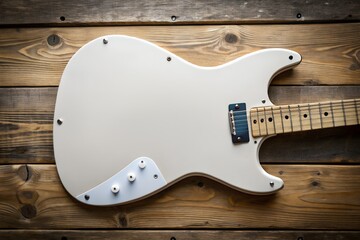 Classic white electric guitar body on rustic wooden background
