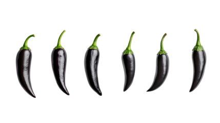 Six vibrant green and purple chili peppers arranged in a line, perfect for cooking and spice inspiration.